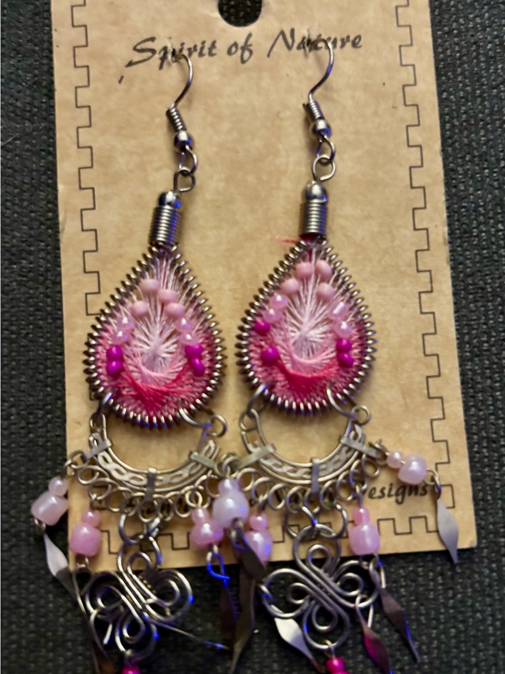 Pink Thread & Bead Teardrop Dangle Earrings